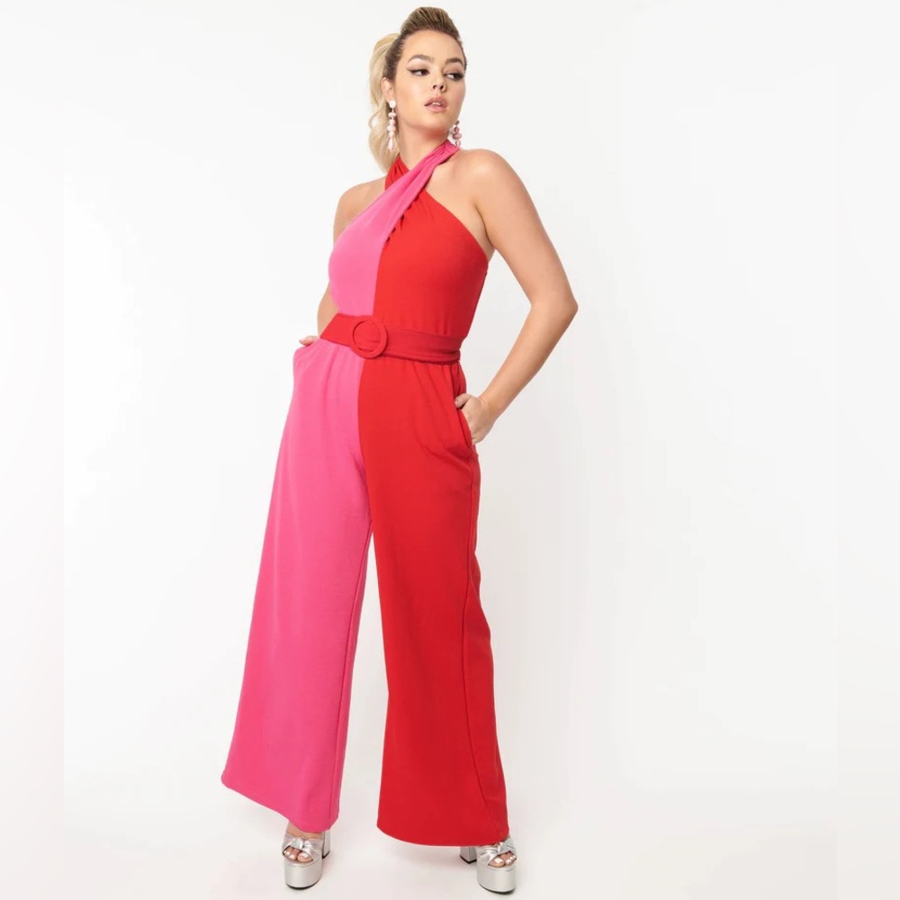 Pink + Red Retro Colorblock Jumpsuit